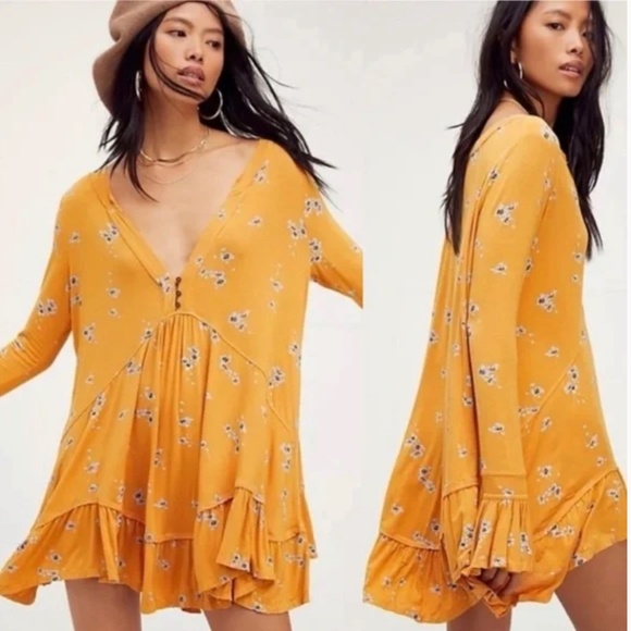 Free People Dresses & Skirts - Free People Olivia Oversized Mustard Floral Tunic Dress Size Large NWOT